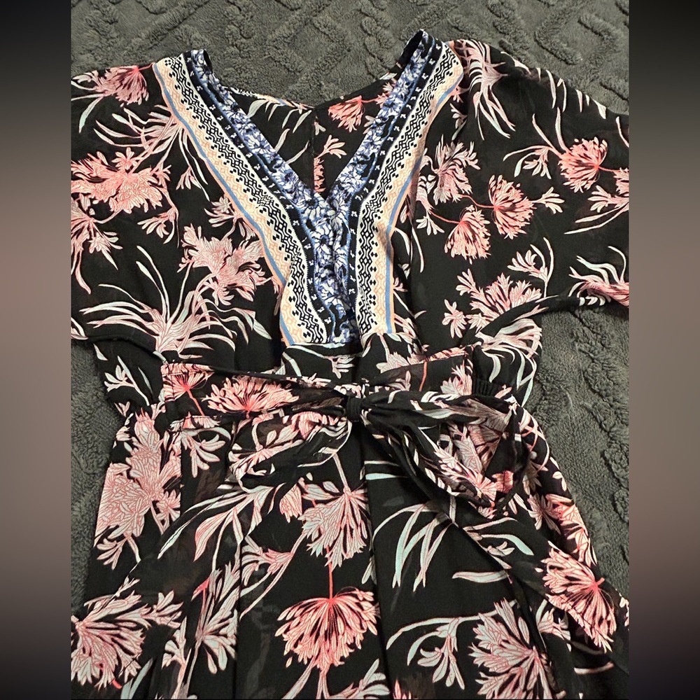 NEW EXPRESS Boho V-Neck Floral Kimono Style Maxi Dress w/ Slit Black Pink White - Picture 8 of 14